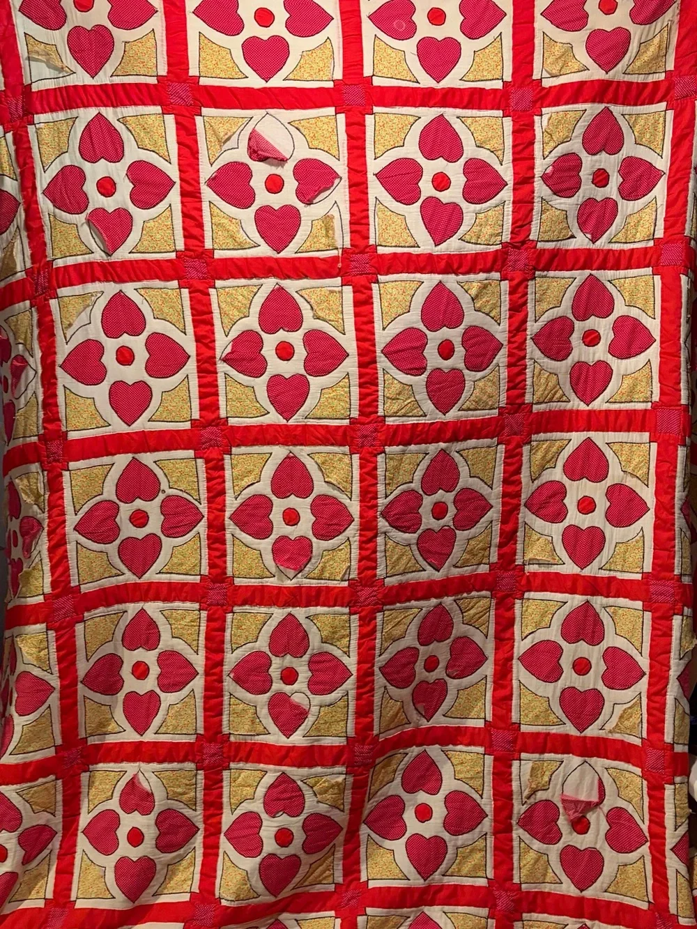 Vintage red  & yellow Heart and Gizzards pattern quilt.
